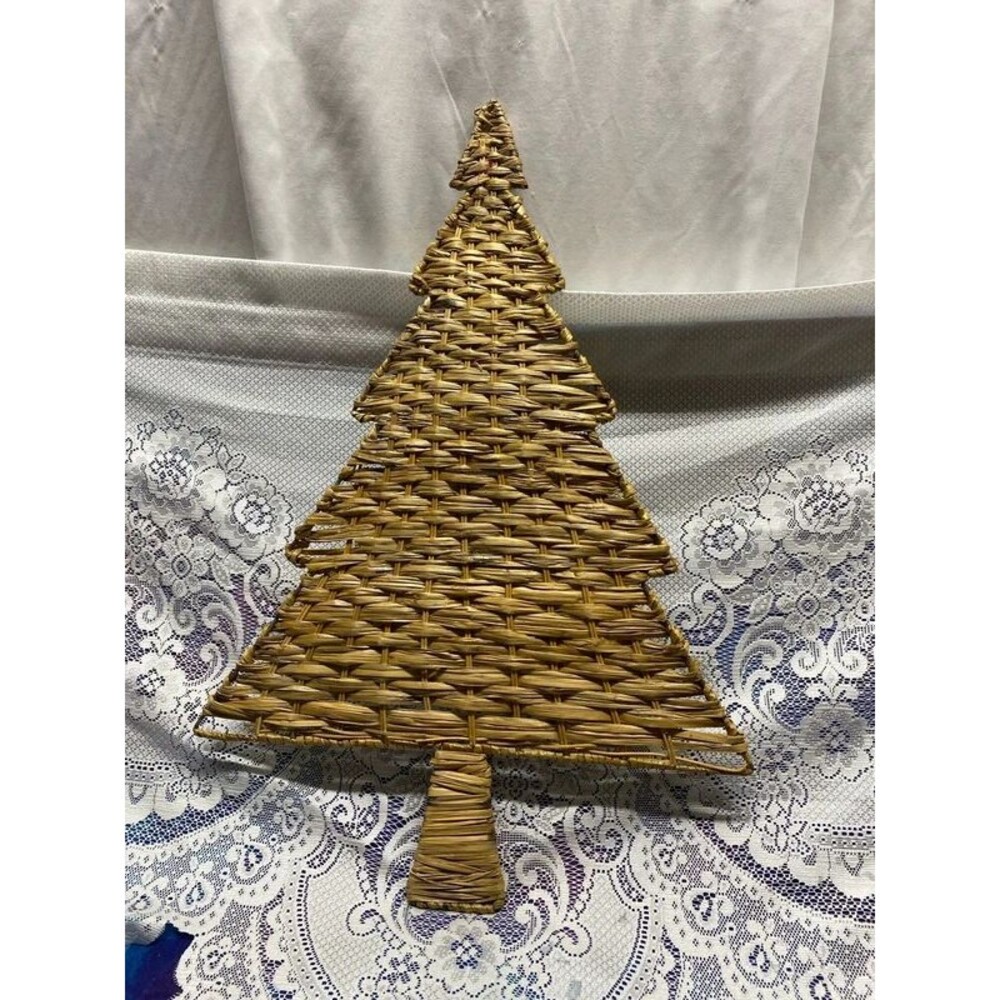 vintage woven wicker Christmas tree wall decoration or flat basket